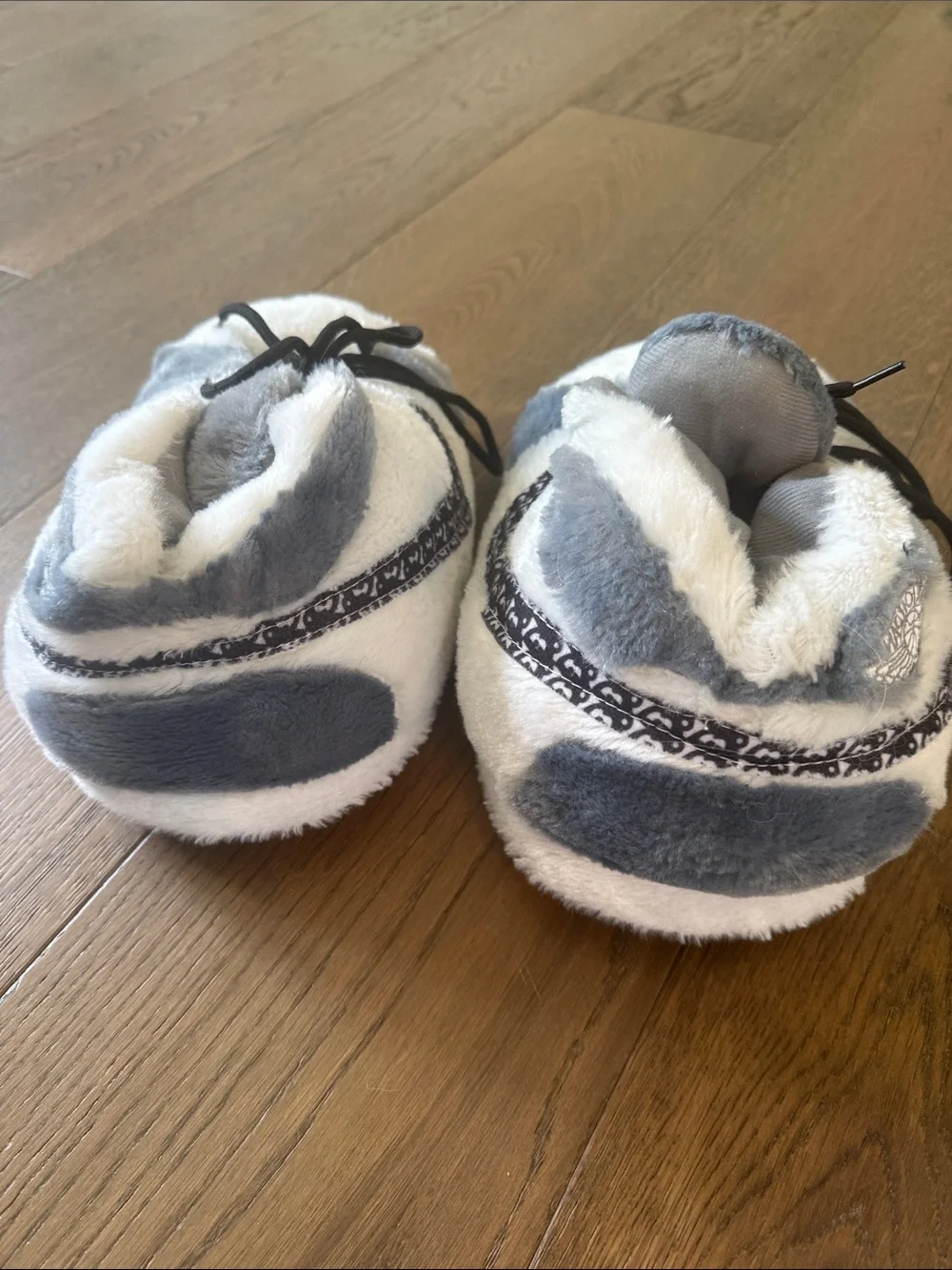 Kids Nike Style Plush Fuzzy Slide Slippers in White, Gray and Black